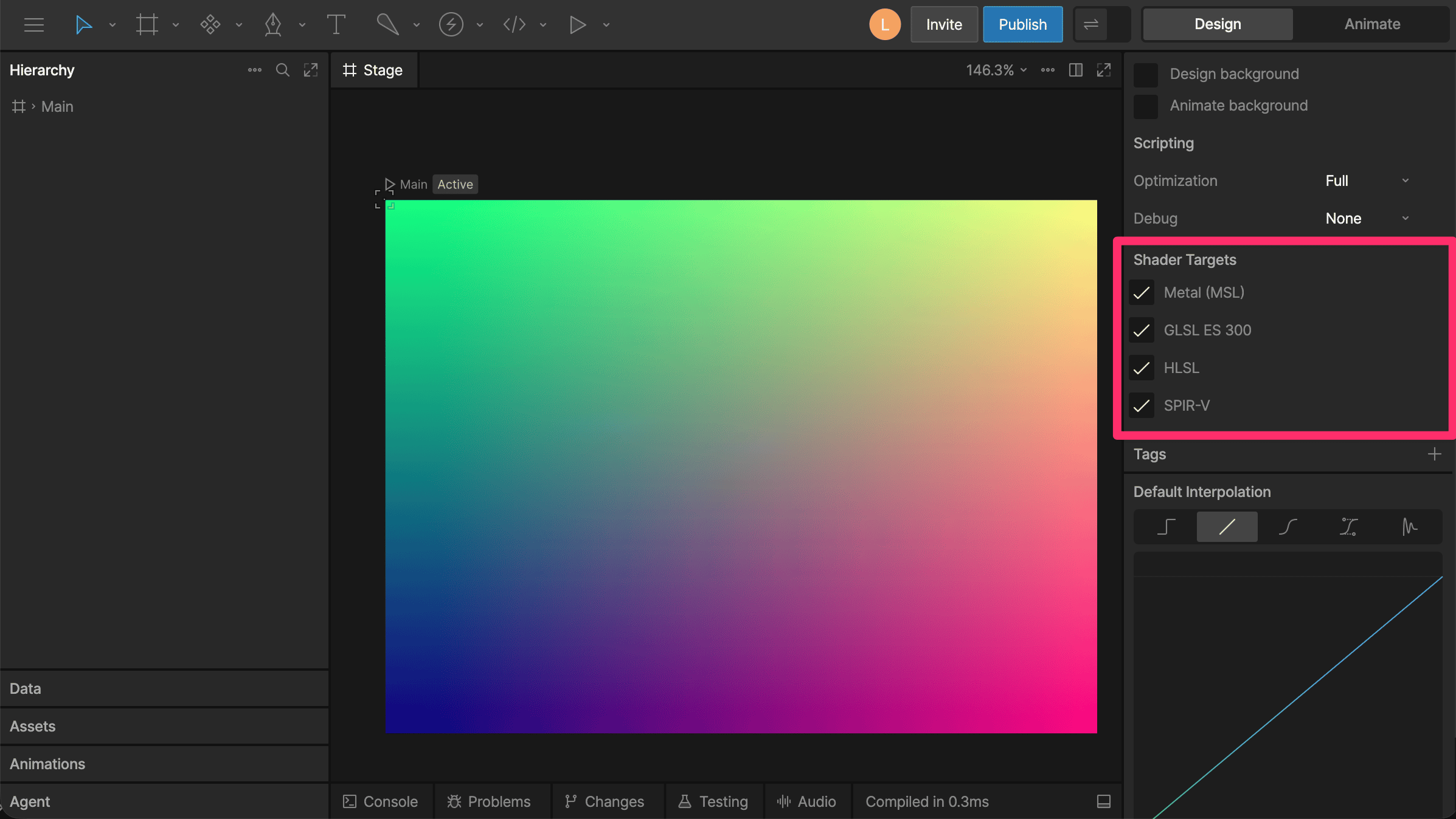 Shader Targets options in the Inspector