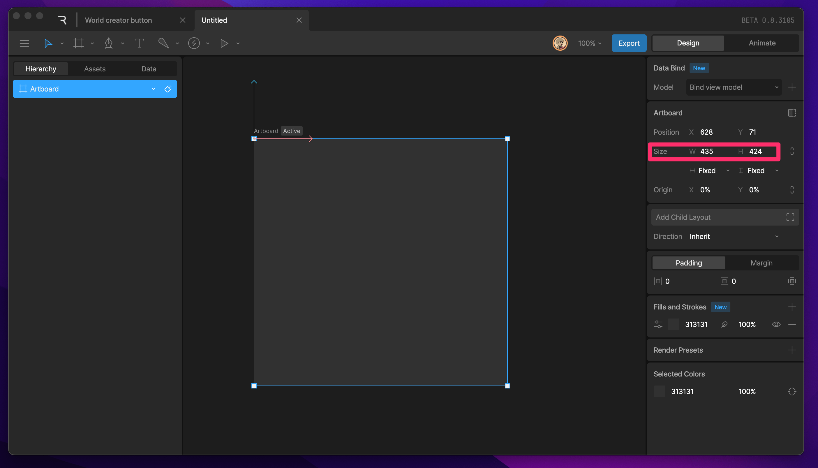 Width and Height fields in the Inspector when the artboard is selected