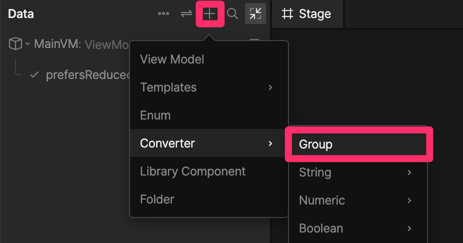 Add menu in the Data panel showing the Group option in the Converter submenu