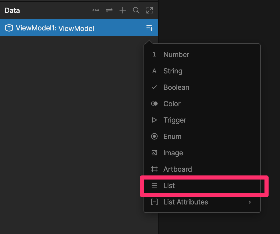 Popout menu with List selected after clicking + next to a View Model in the Data panel