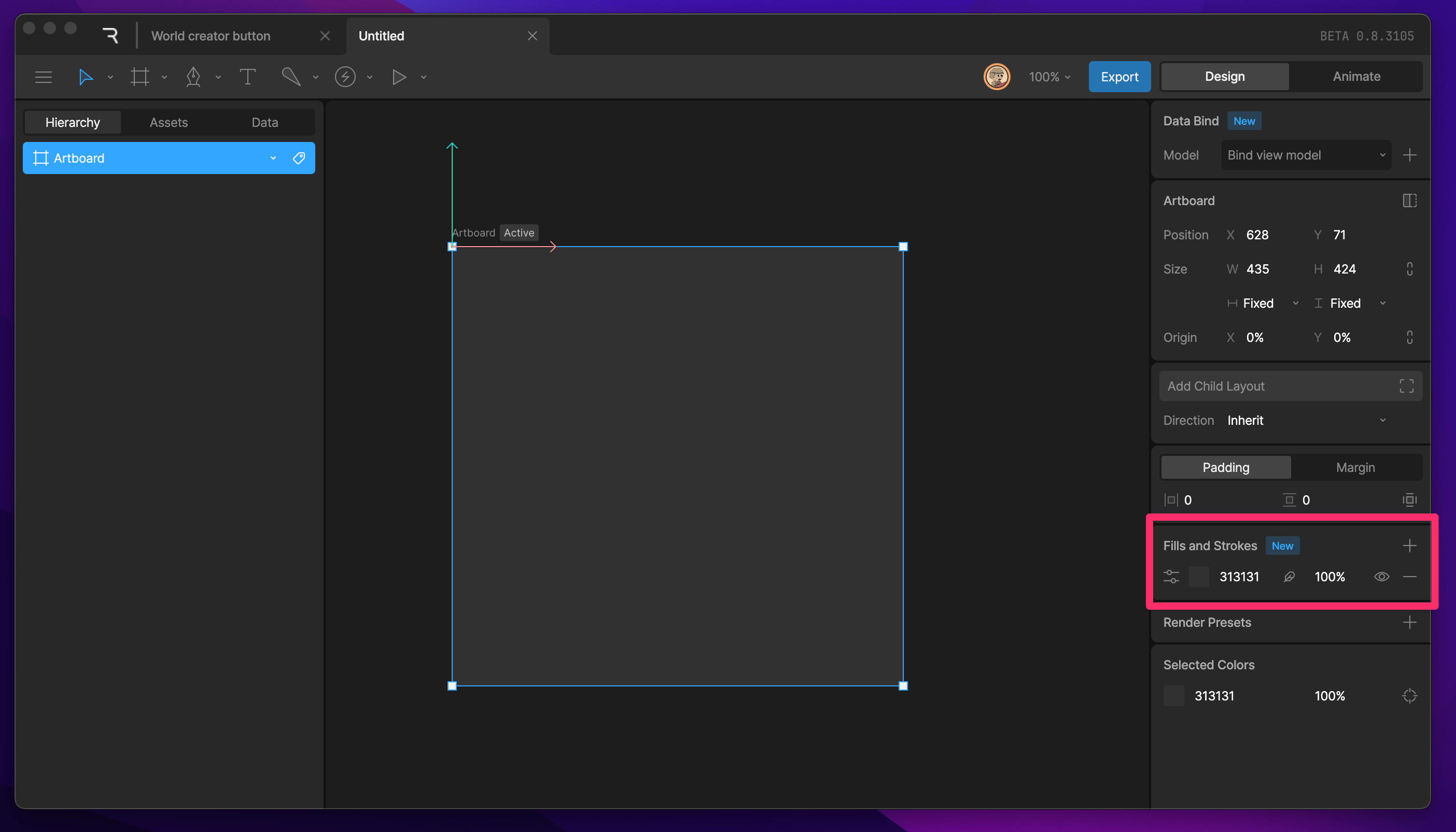 Fill and stroke section in the artboard inspector