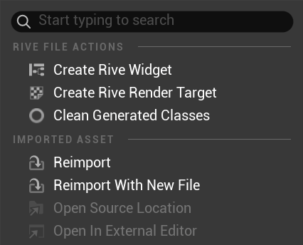 Right-click context menu on a Rive file asset with Create Rive Widget highlighted