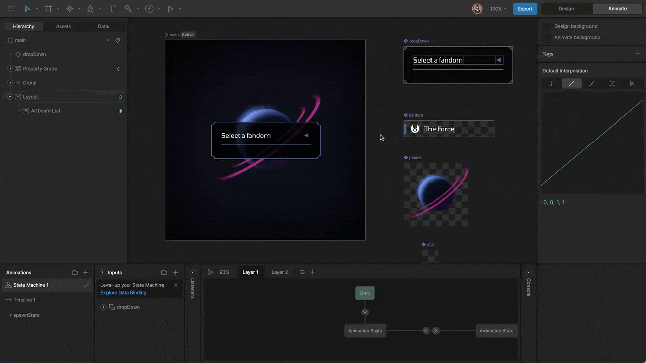Adding an animation to a component instance by clicking the plus button in the Animations section in the Inspector