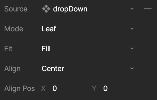 Inspector for a component instance set to Leaf mode, showing the Fit, Align, and Align Position settings