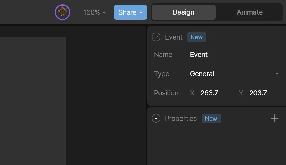Inspector view for the Event