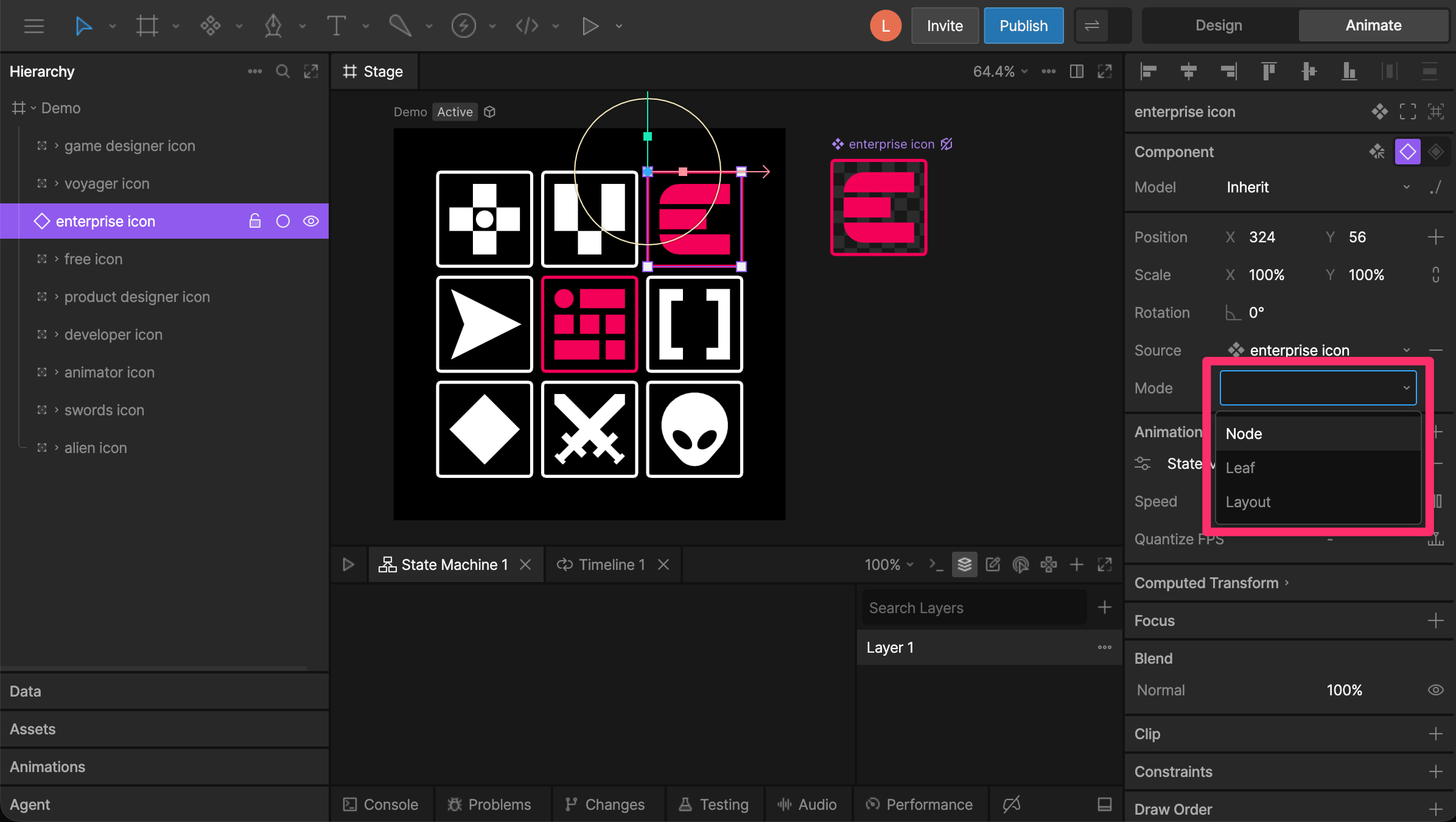 Rive app interface showing Sizing Mode dropdown in the Inspector.