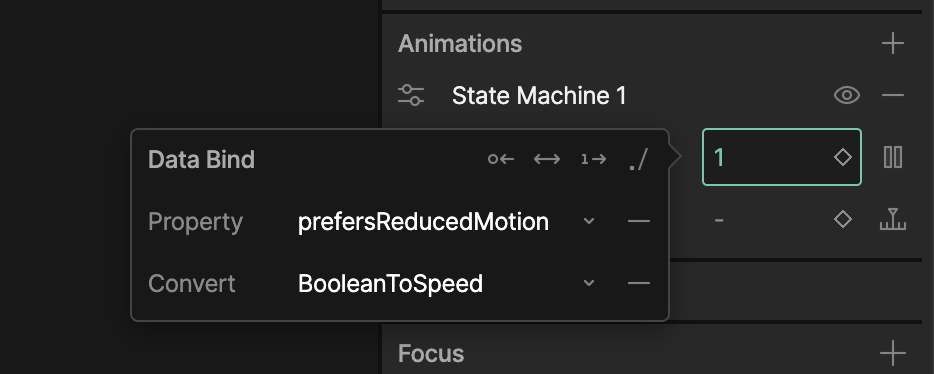 Data Bind popover with Property set to prefersReducedMotion and Convert set to the BooleanToSpeed converter