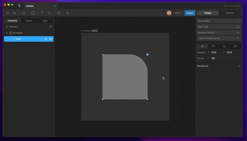 Convert Radial Corners button in the path options converts a single rounded corner into two vertices on the stage