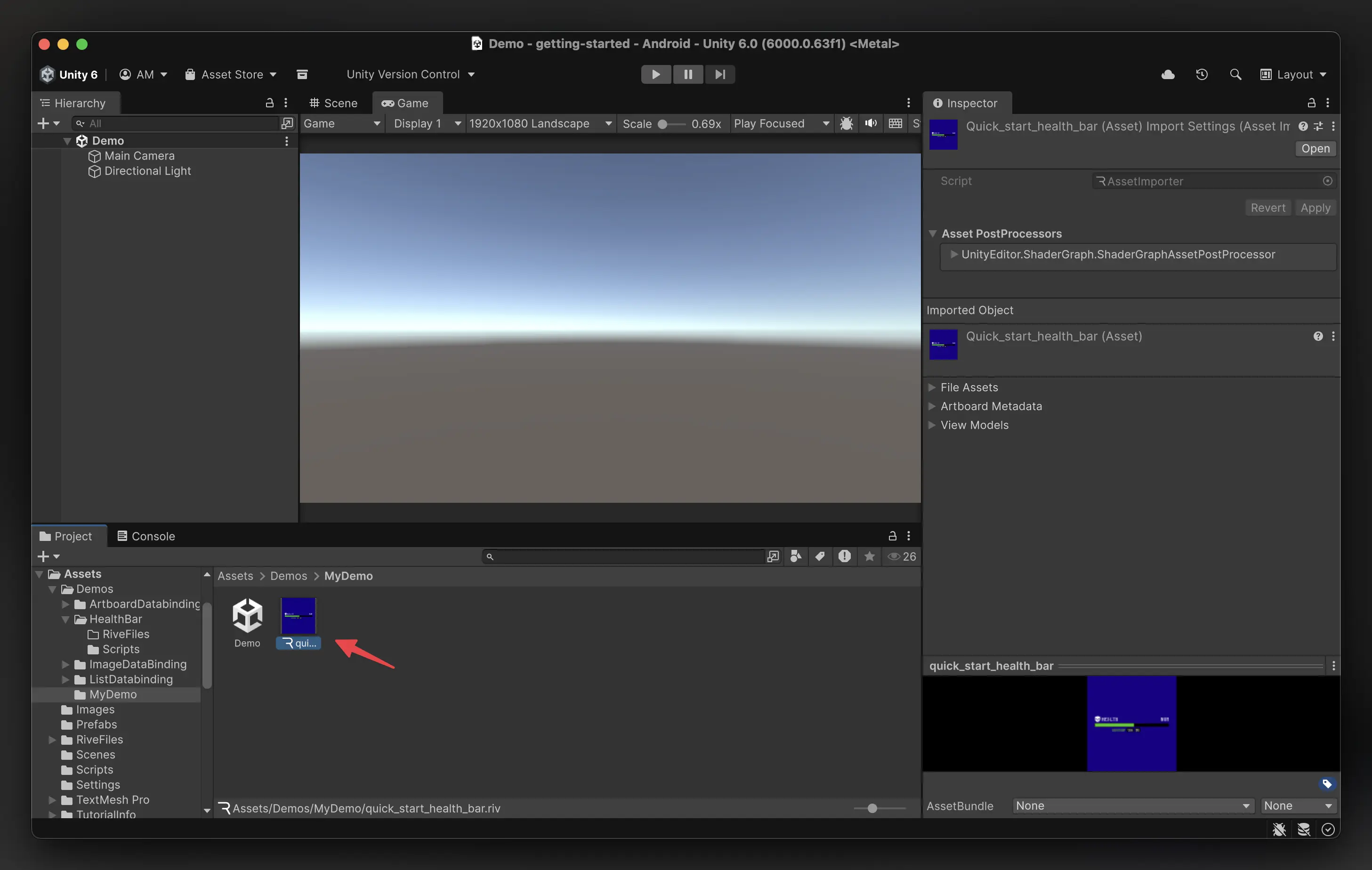 Drag the Rive Asset into the Scene Hierarchy