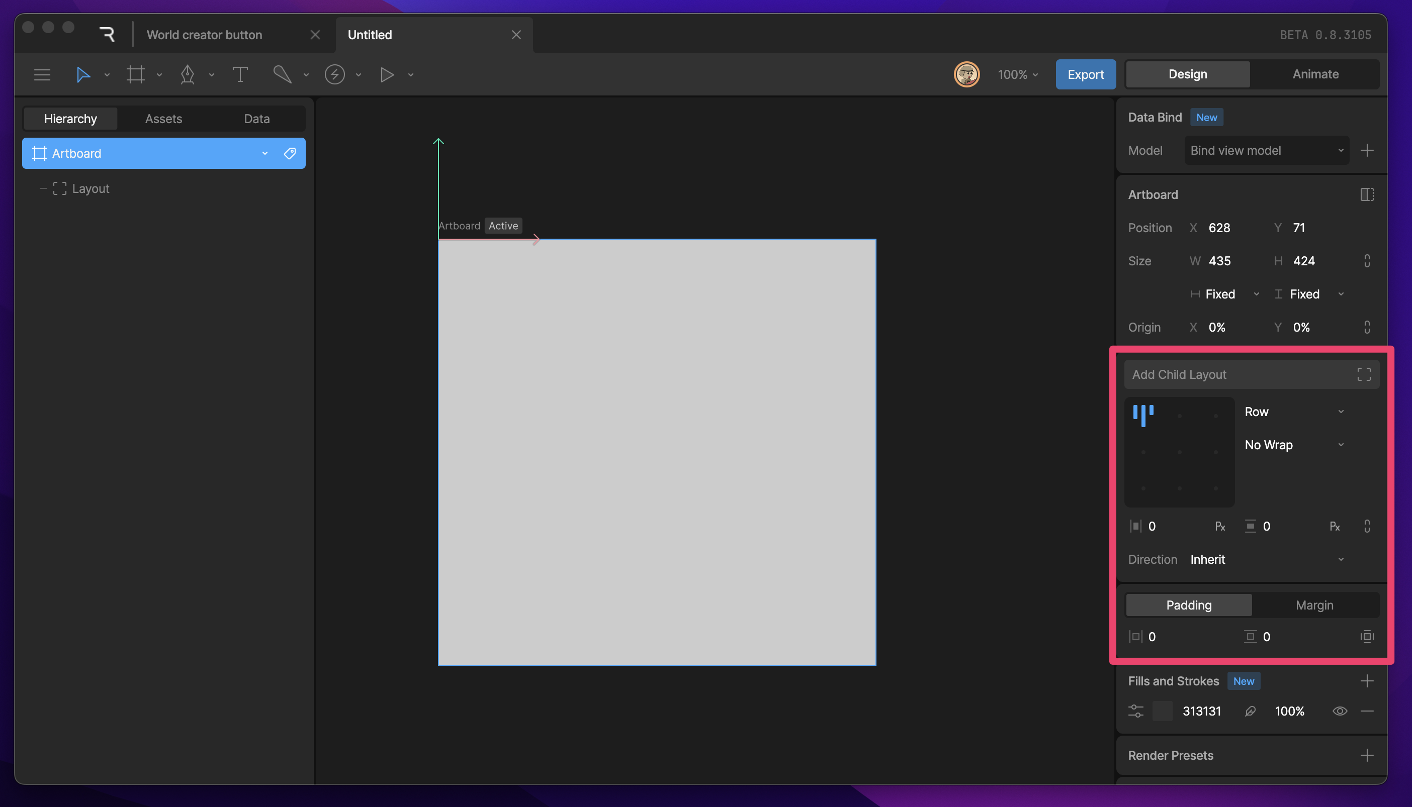 Layout properties section in the artboard inspector