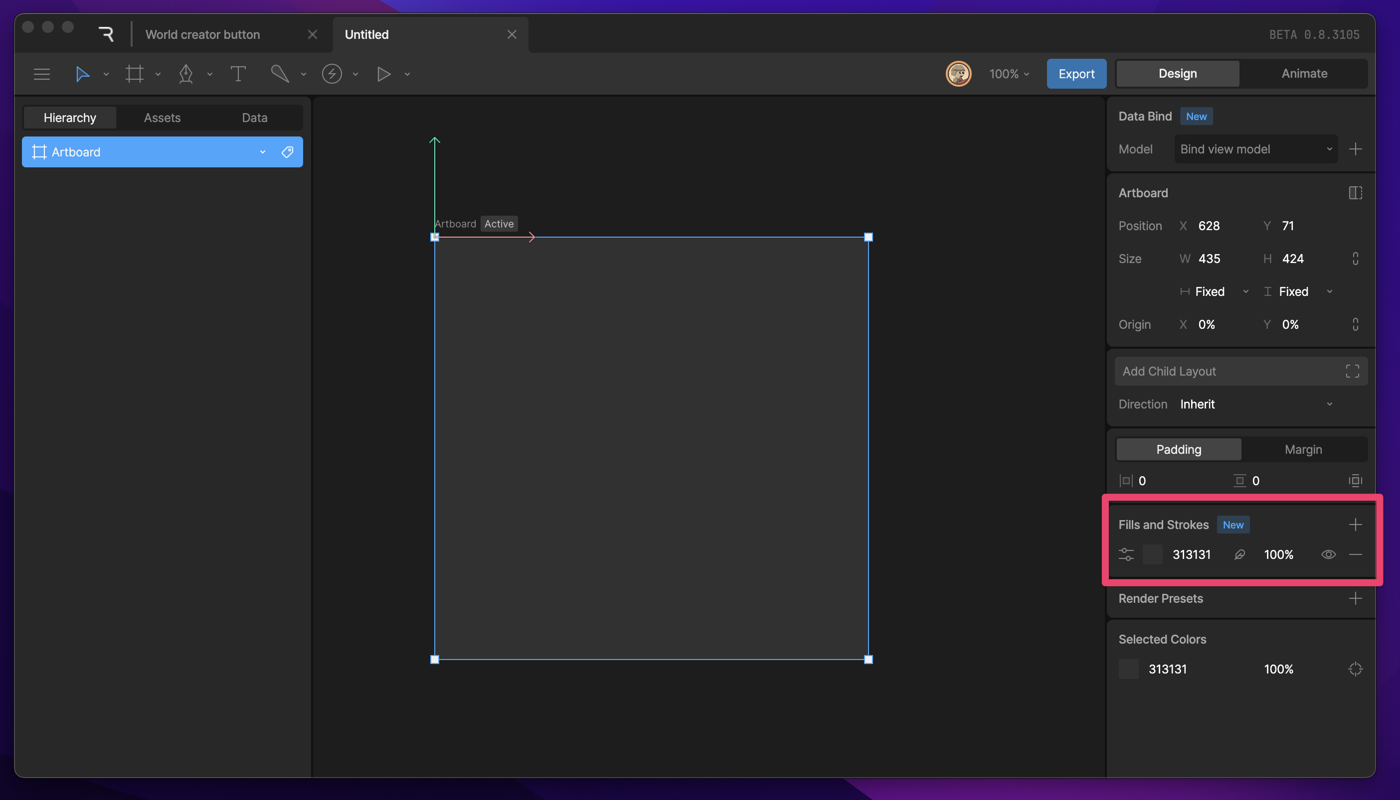Fill and stroke section in the artboard inspector