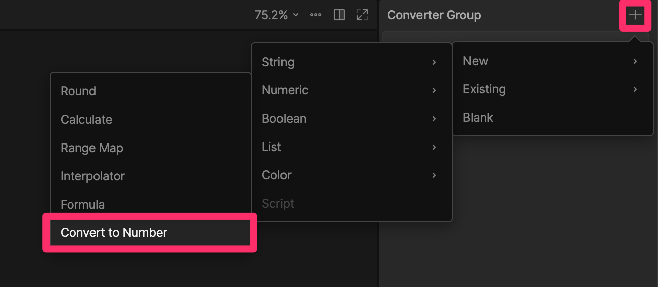Add menu in the Converter Group panel showing the Convert to Number option in the Numeric submenu