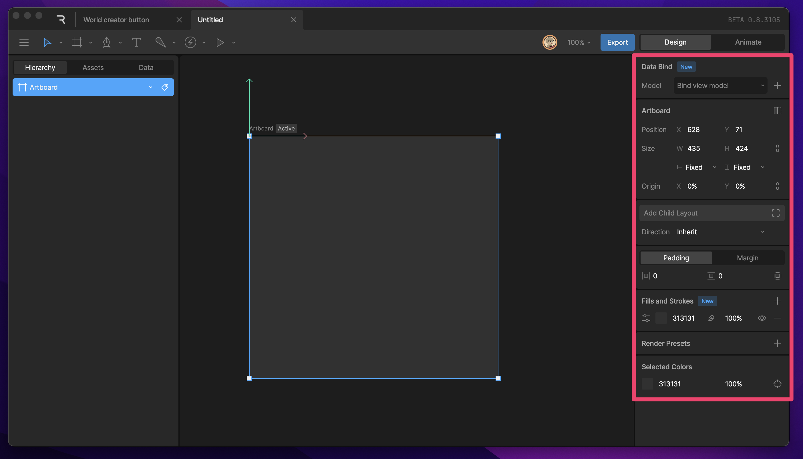 Inspector panel listing an artboard's position, size, layout, fill, origin, and render preset properties