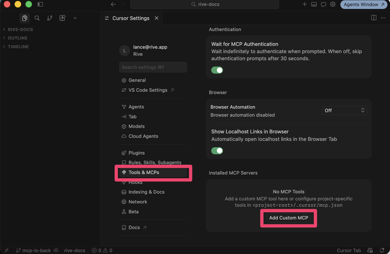 Open Cursor MCPs tab