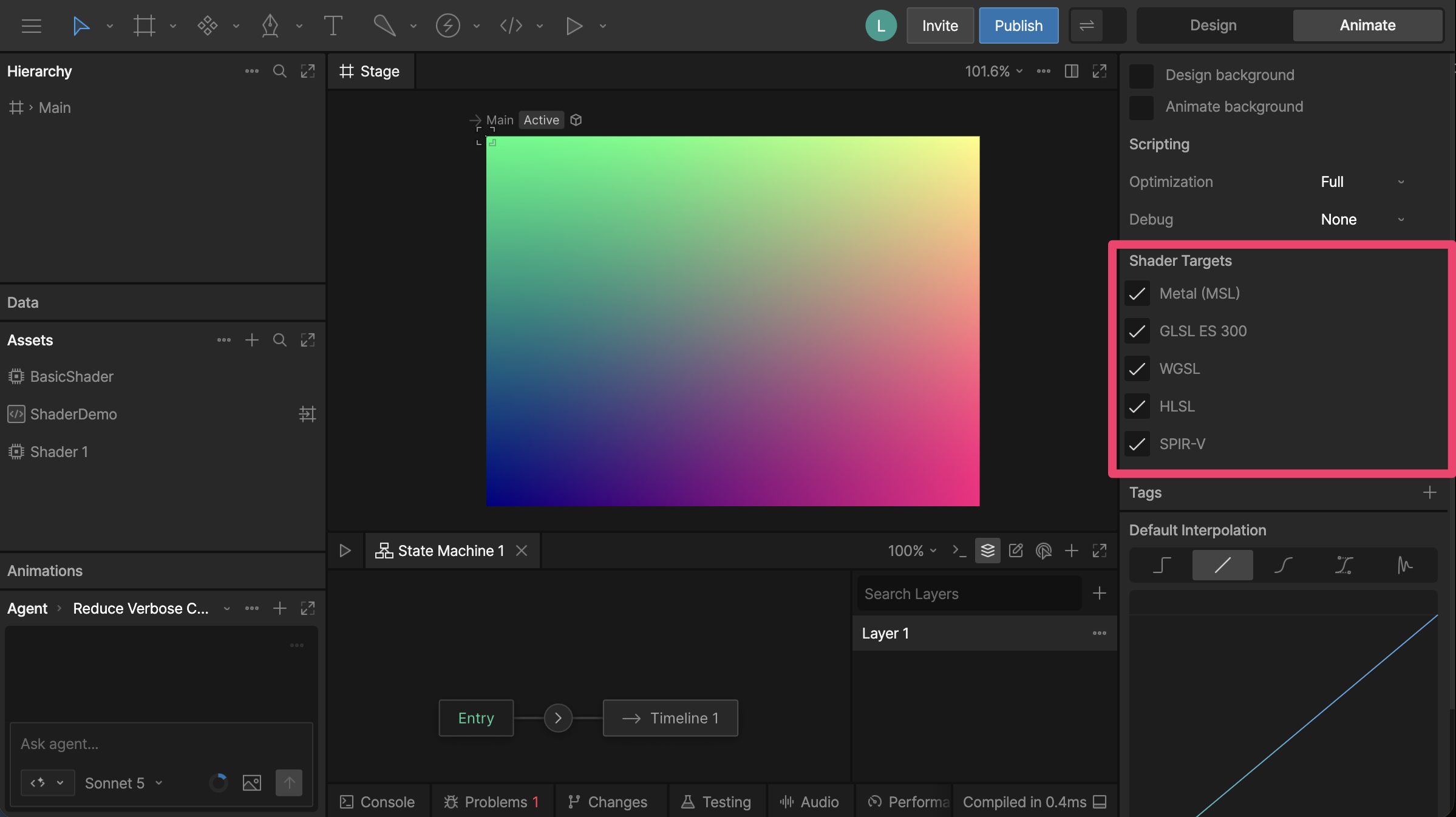 Shader Targets options in the Inspector