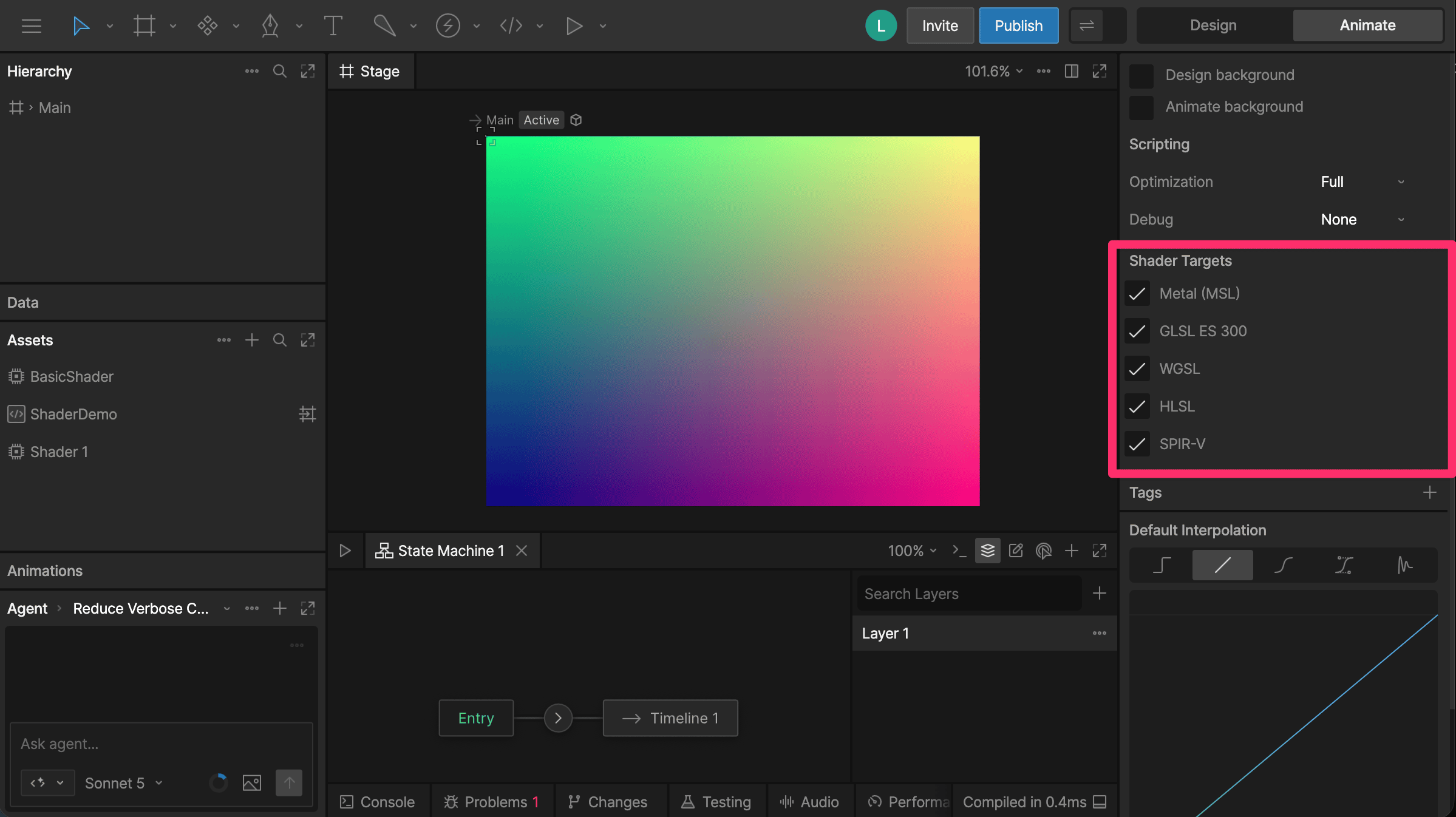 Shader Targets options in the Inspector