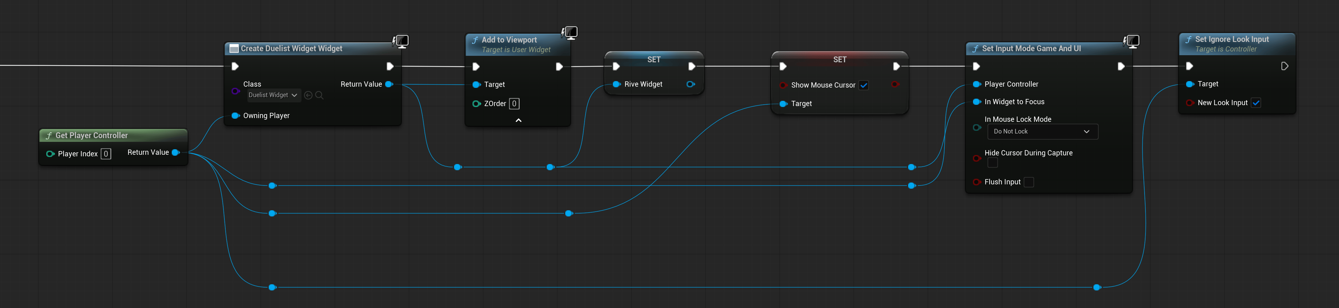 Blueprint graph adding the Rive widget to the viewport like any other UMG widget