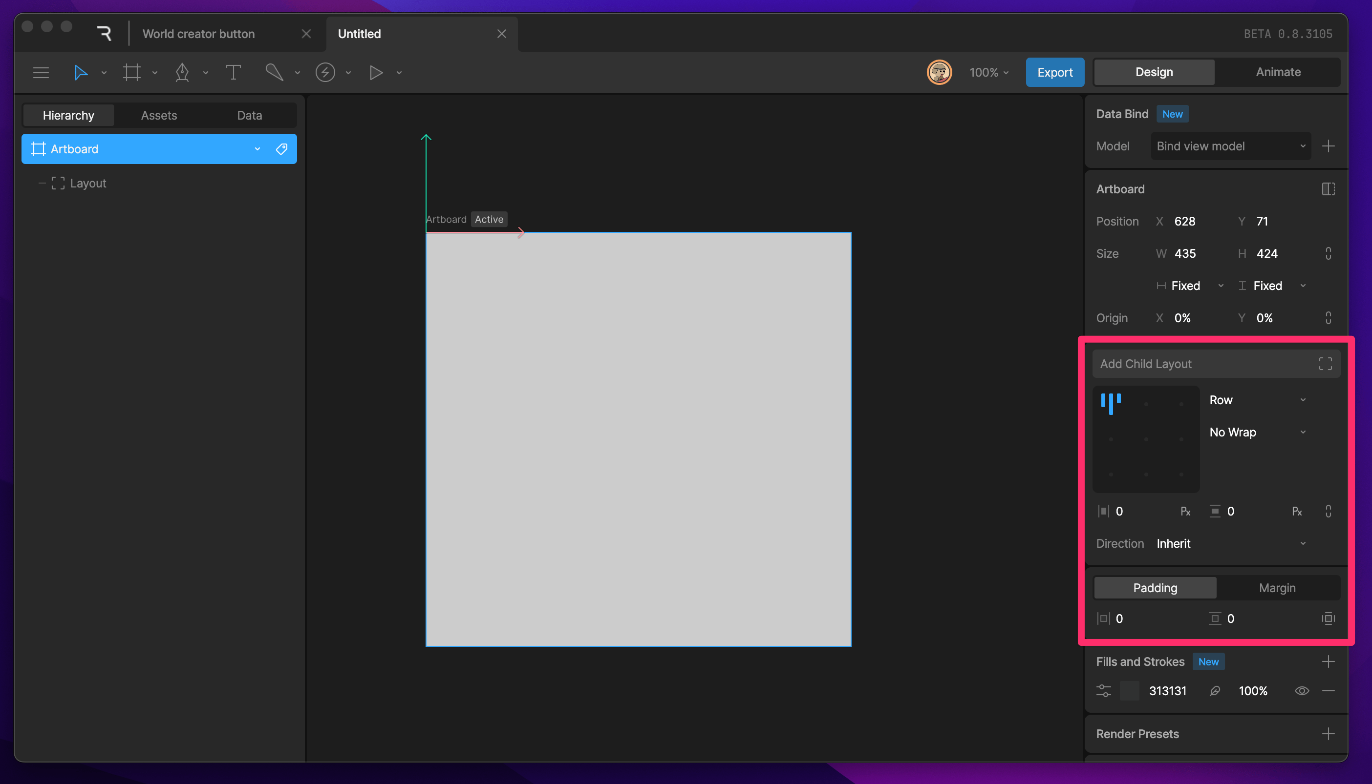 Layout properties section in the artboard inspector