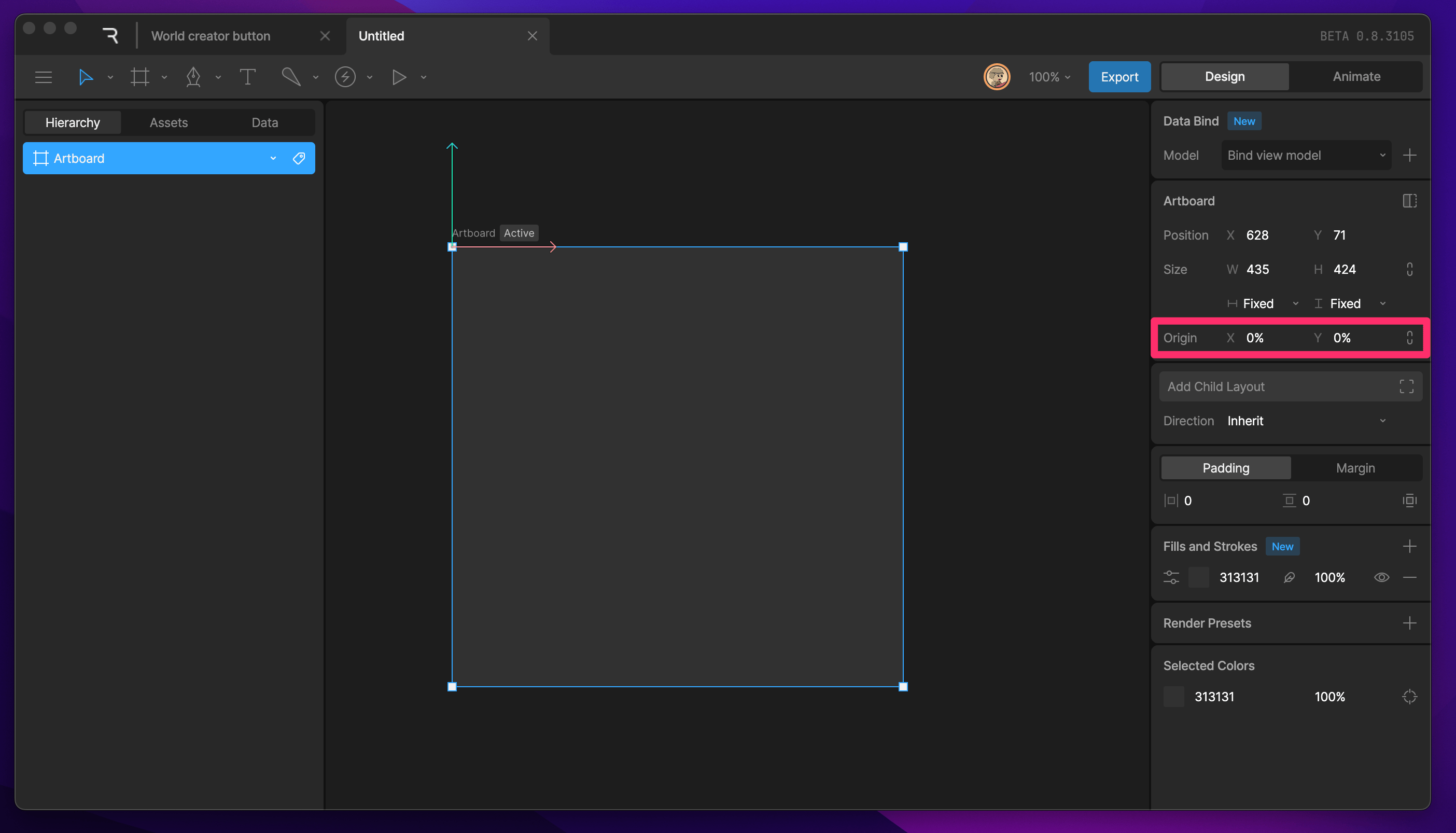 X and Y origin fields set to 0%, placing the origin at the artboard's top left