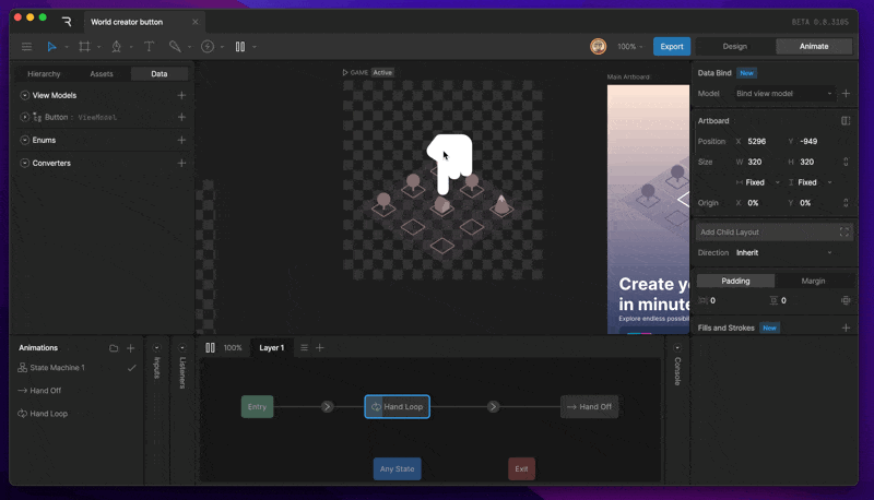 Holding shift and space bar in Design Mode to play the default state machine