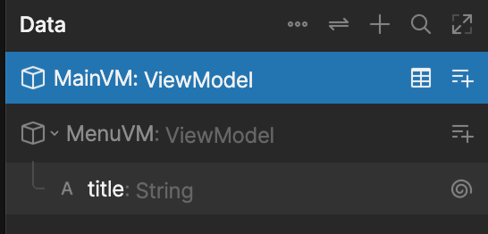 A main view model and a view model called MenuVM with a string property called title.