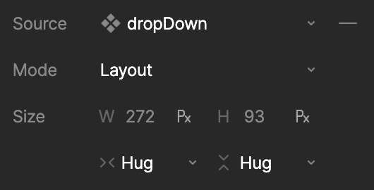Inspector for a component instance set to Layout mode, showing the Size fields with width and height set to Hug