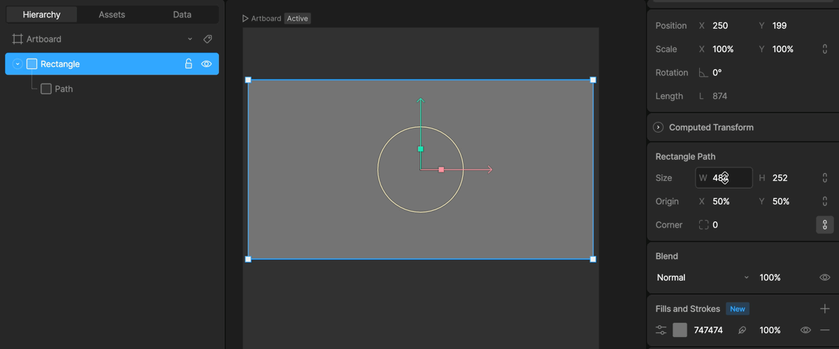 Changing the width of a rectangle with the origin centered at 50% X and 50% Y, so it grows outward from the center