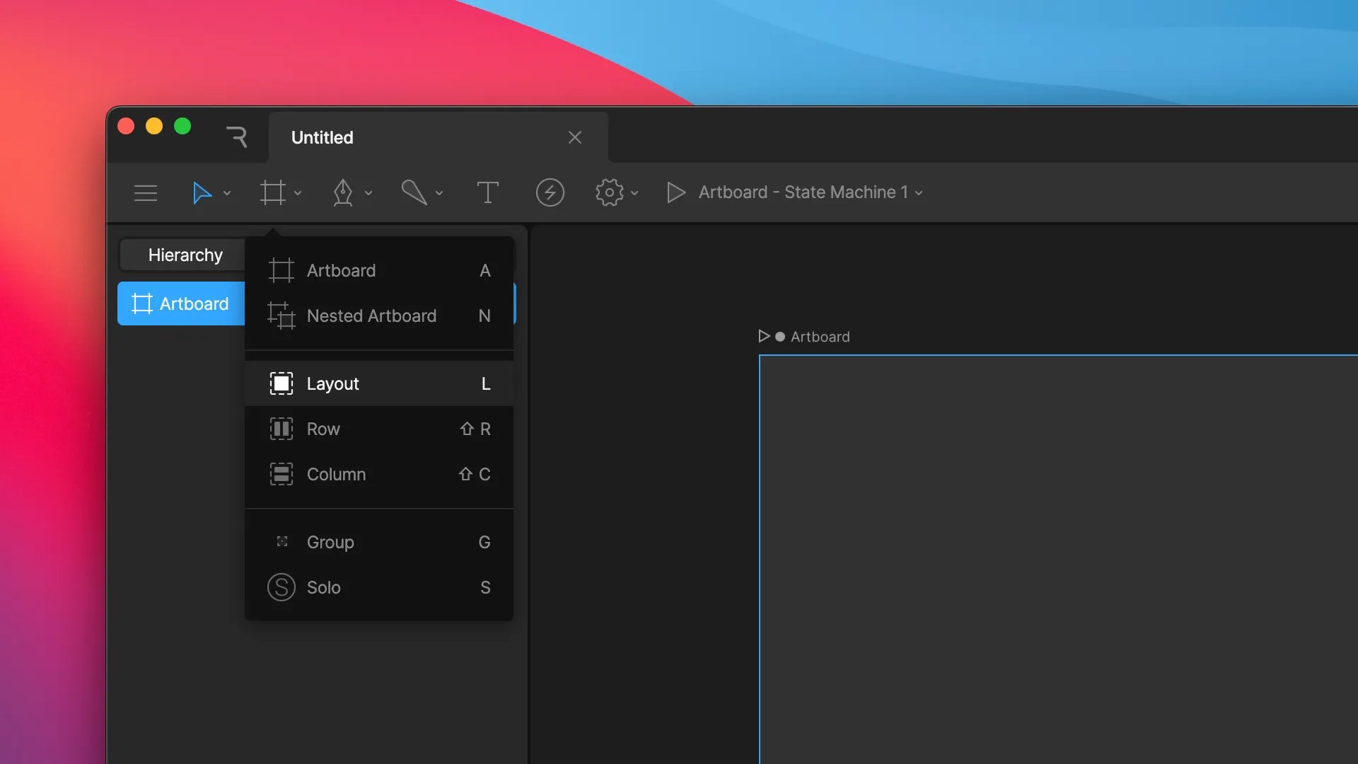 Arrangement Tools menu open in the toolbar, listing the Layout (L), Row (R), and Column (C) tools