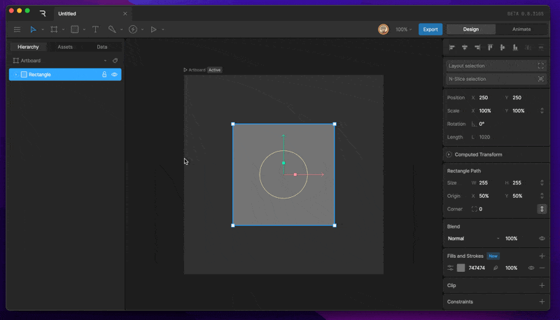 Entering Edit Vertices mode to show the vertices and bezier handles of a rectangle on the stage