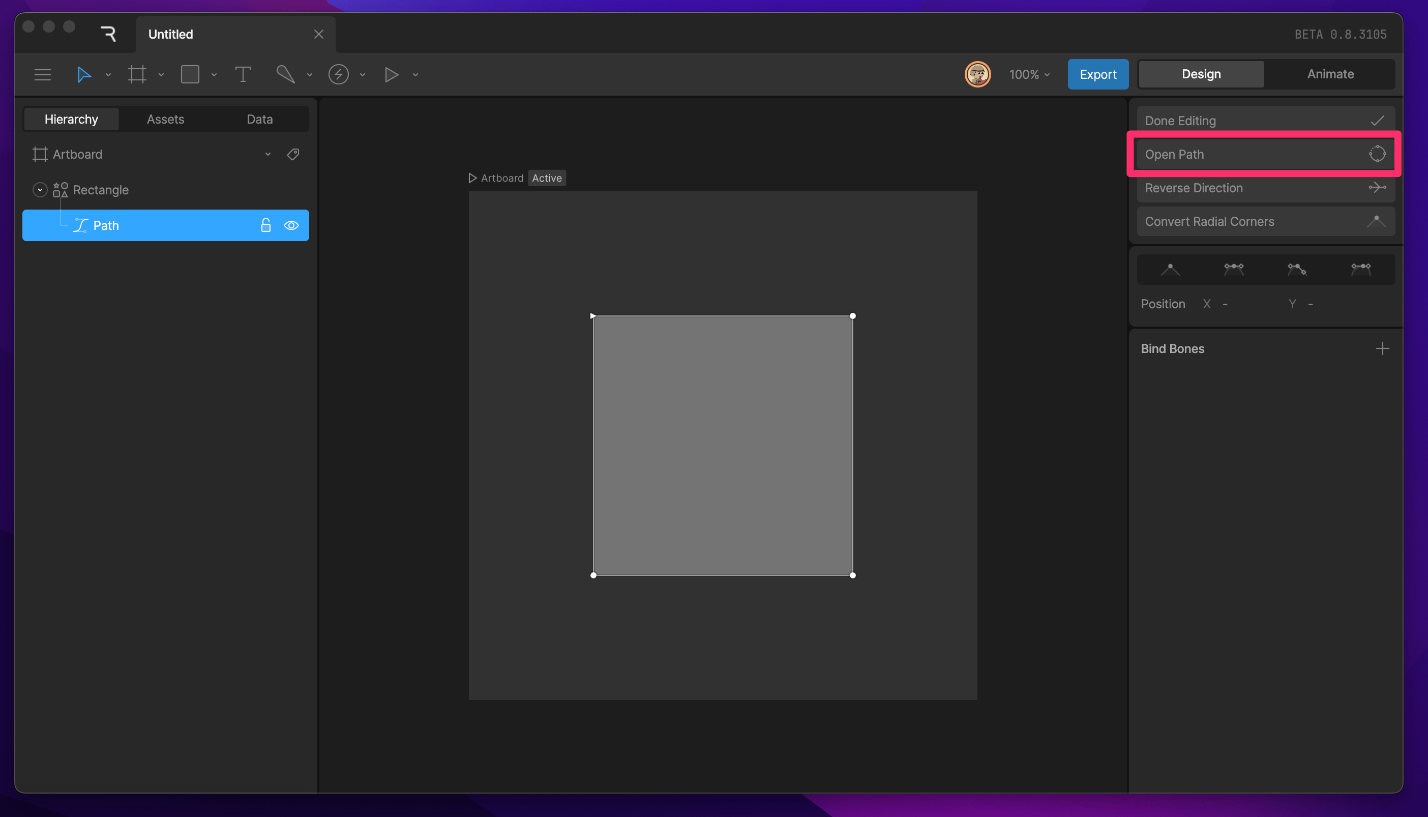 Open Path button in the path options at the top of the Inspector, right below the Done Editing button