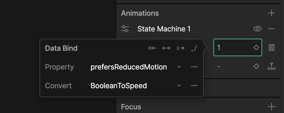 Data Bind popover with Property set to prefersReducedMotion and Convert set to the BooleanToSpeed converter