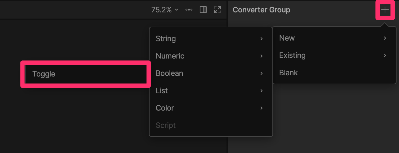 Add menu in the Converter Group panel showing the Toggle option in the Boolean submenu