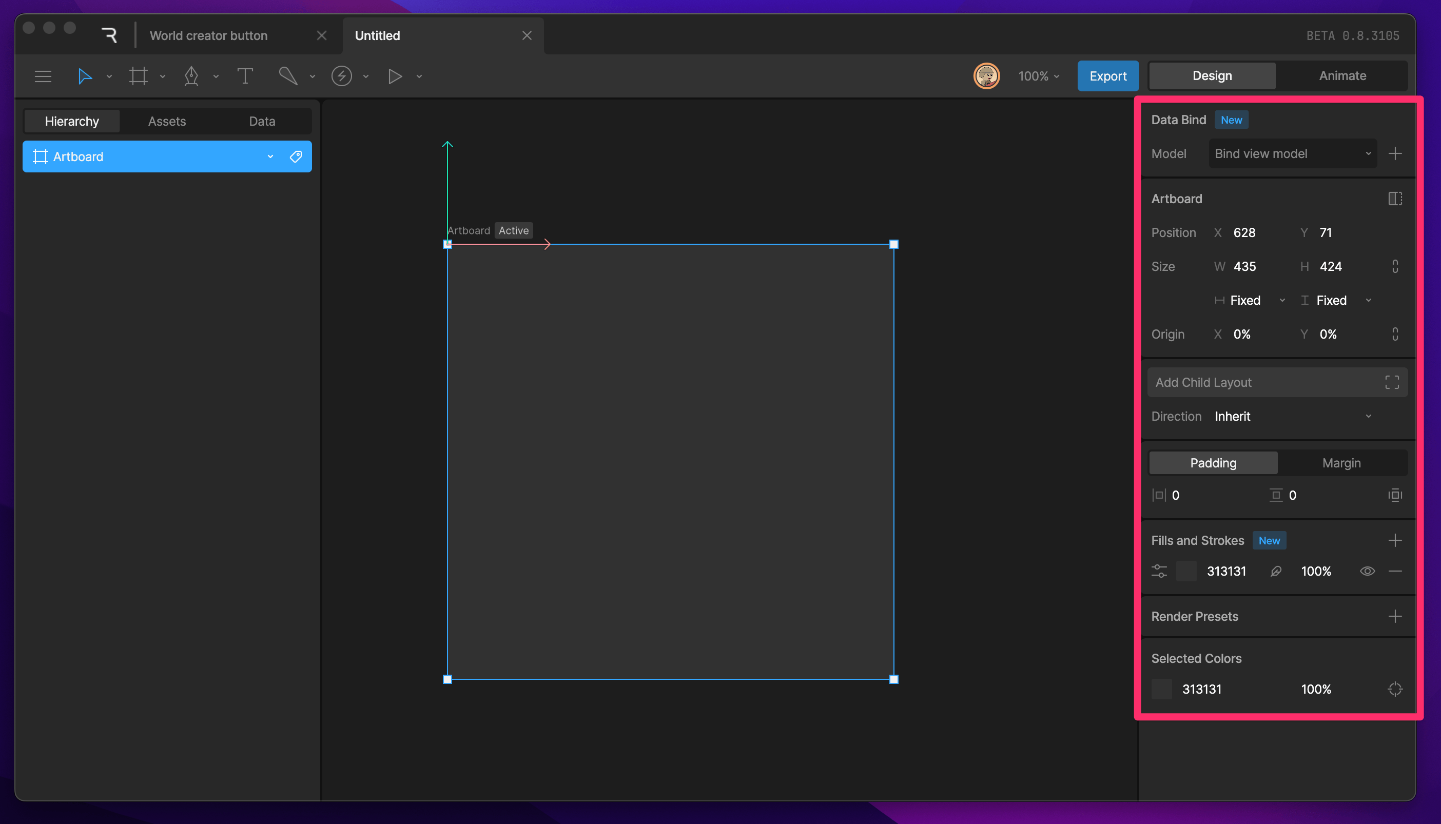 Inspector panel listing an artboard's position, size, layout, fill, origin, and render preset properties