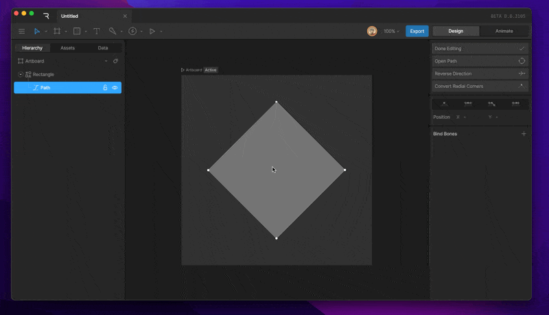 Detached bezier handles on a vertex, each being dragged independently