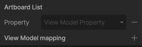 Inspector for a selected Artboard List showing its view model property selector