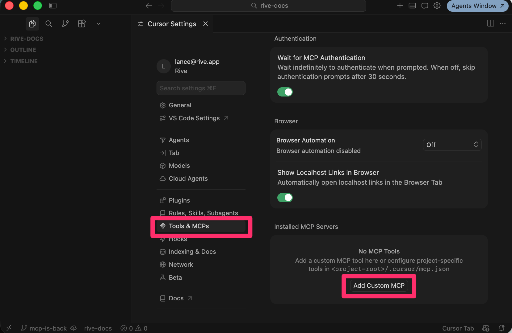 Open Cursor MCPs tab