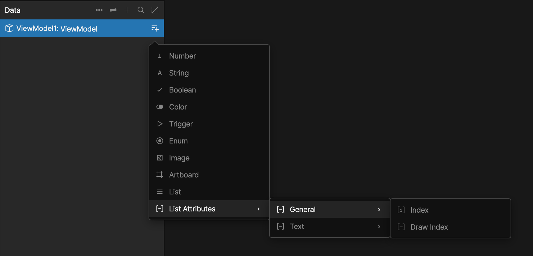 List Attributes menu with Index hovered after clicking + on the item's View Model