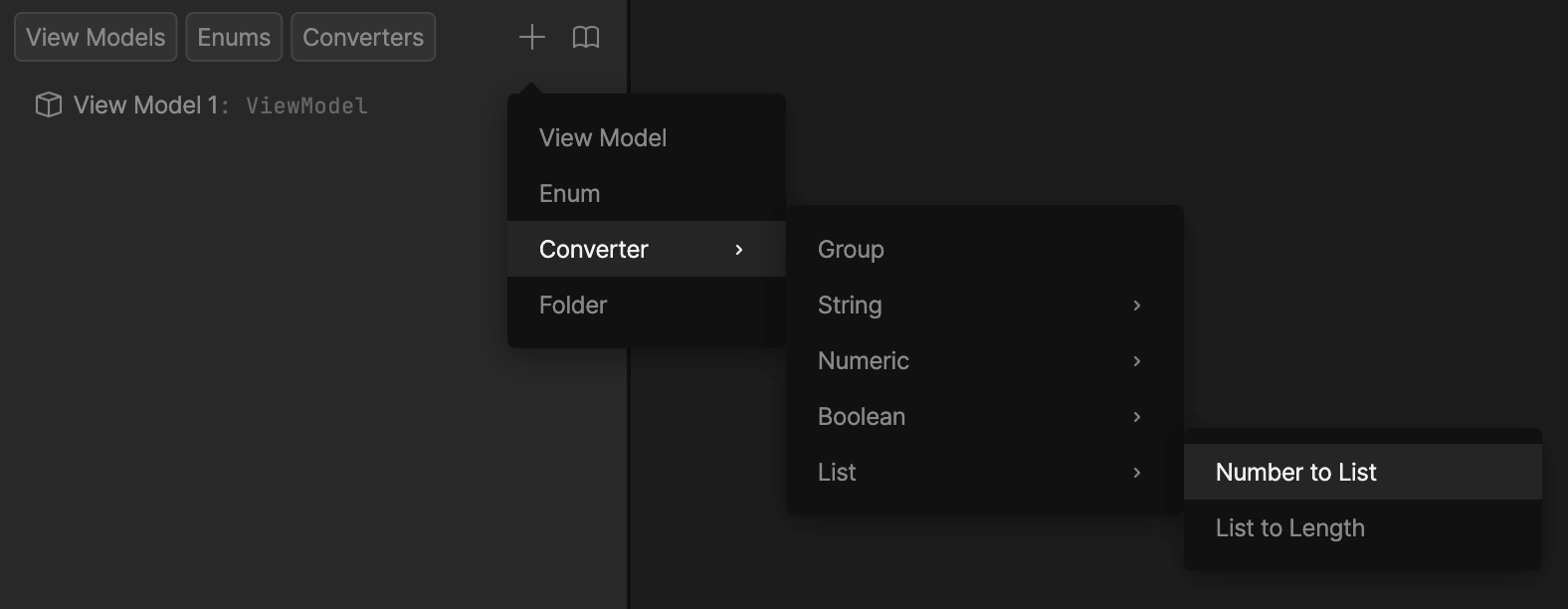 Converters menu with the Number to List converter hovered