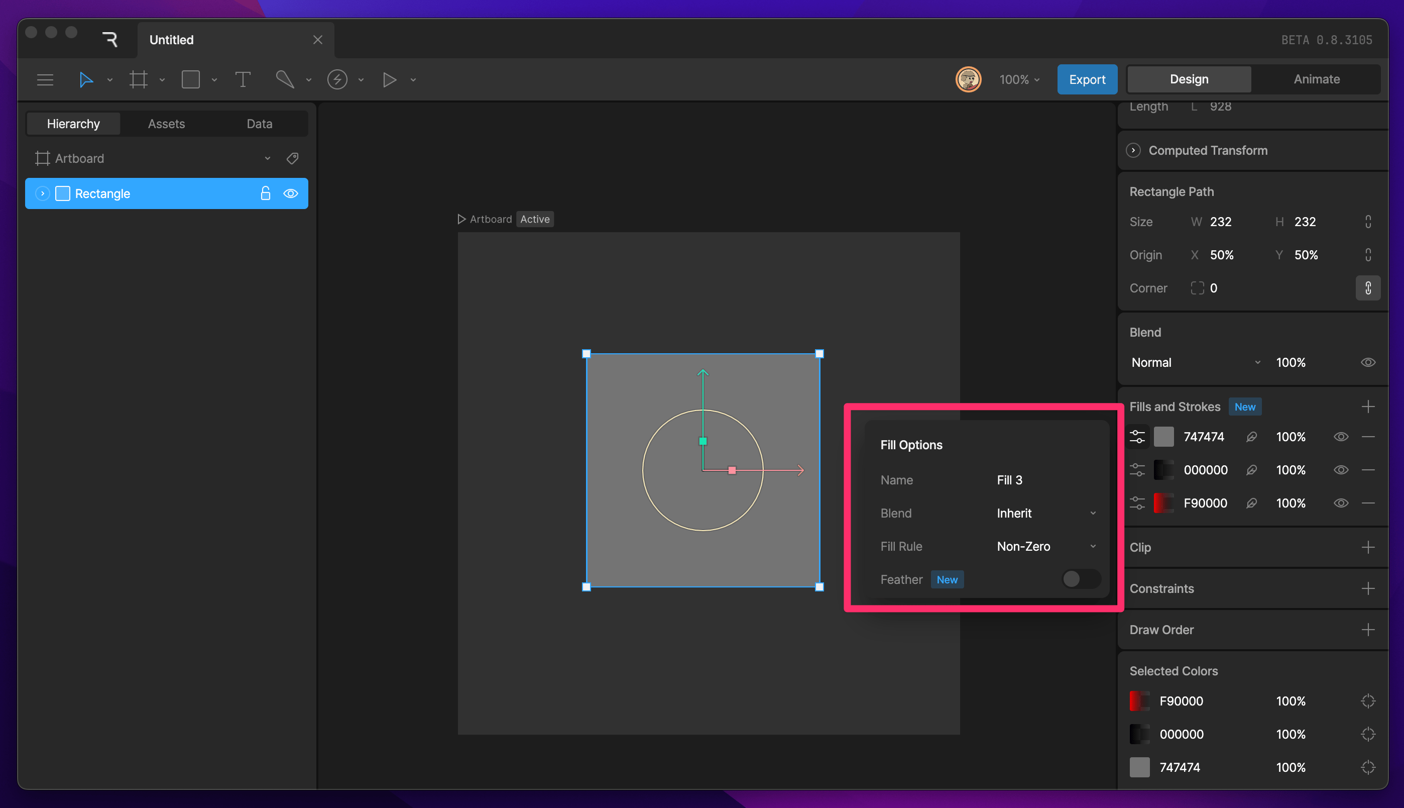 The Fill Options menu showing the Name, Blend, Fill Rule, and Feather properties for a fill