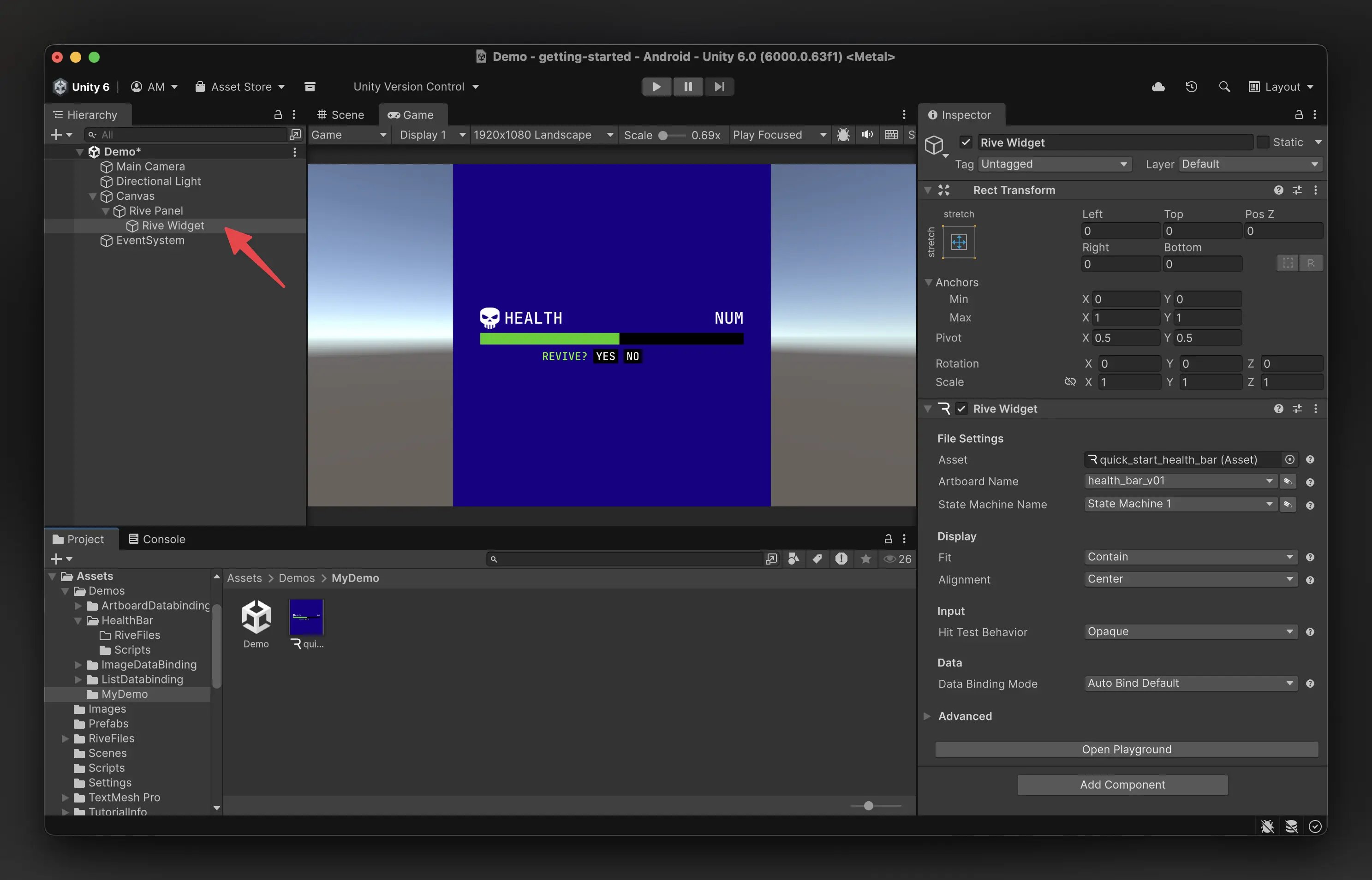 Drag the Rive Asset into the Scene Hierarchy