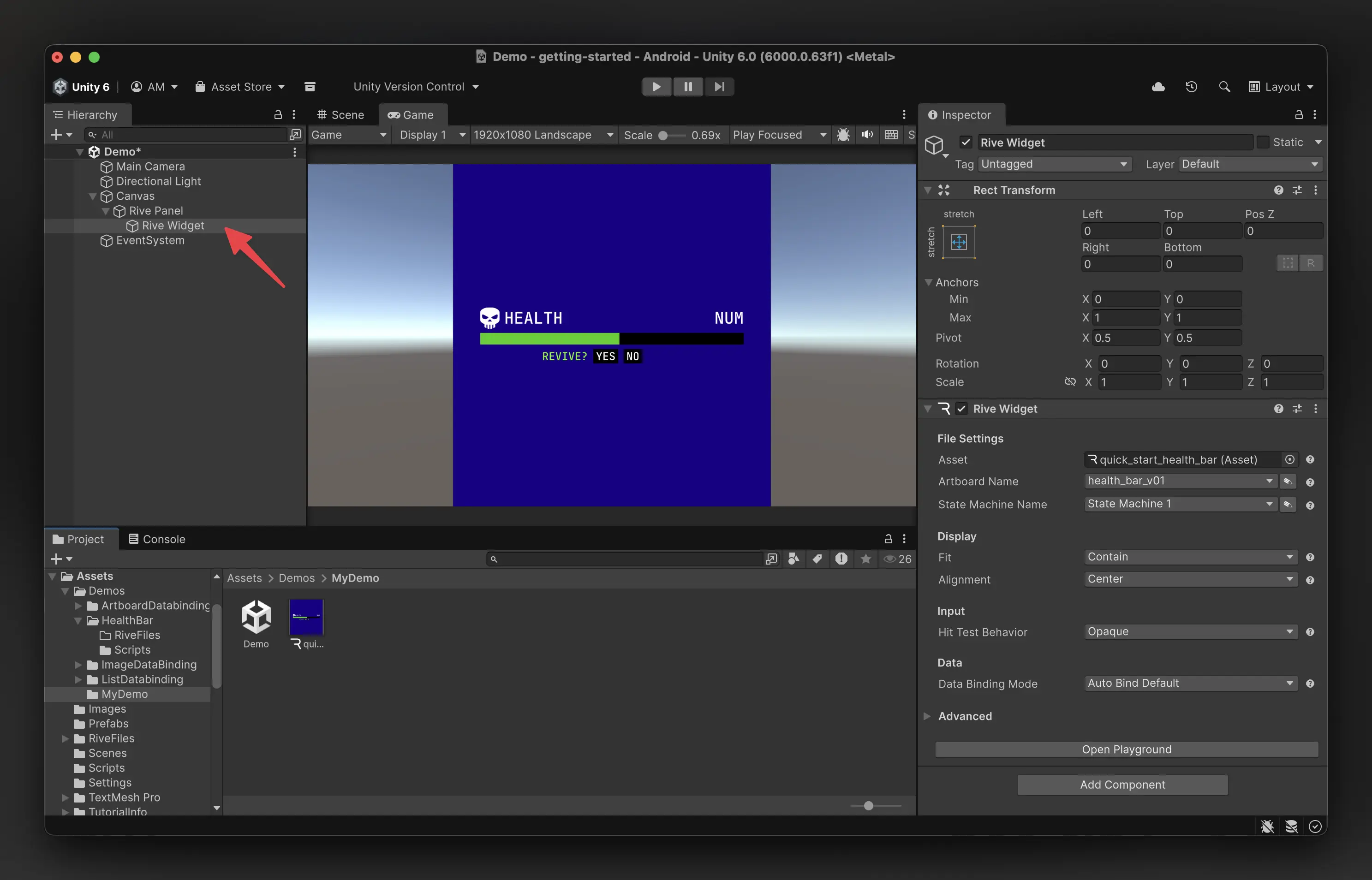 Drag the Rive Asset into the Scene Hierarchy