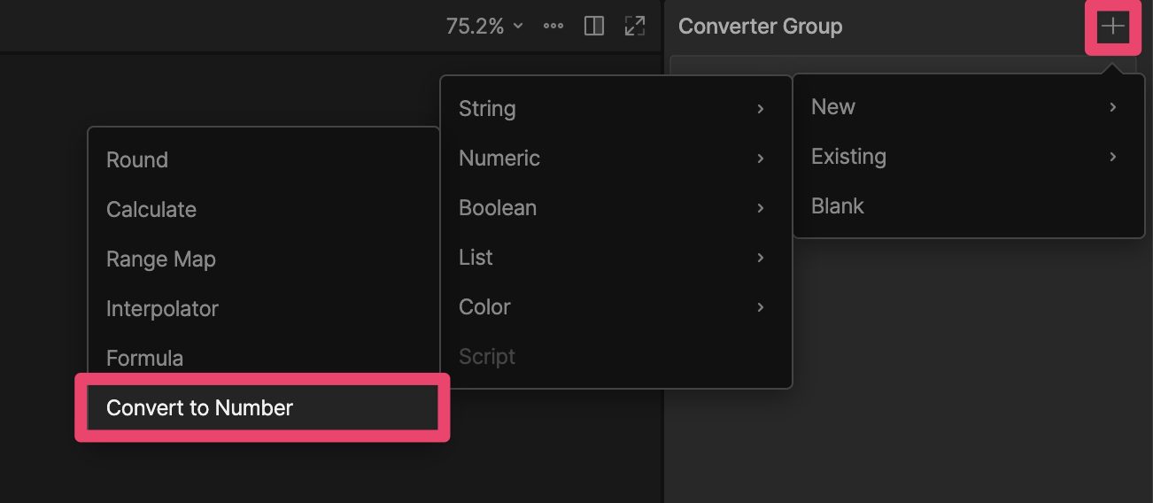 Add menu in the Converter Group panel showing the Convert to Number option in the Numeric submenu