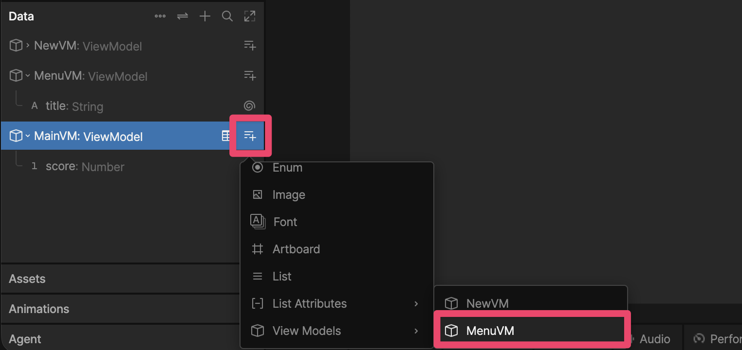 Create a new view model property by clicking + on the main view model, selecting View Models, then MainVM
