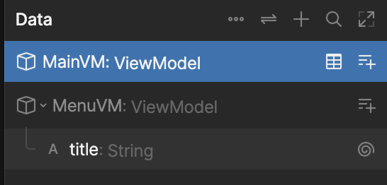 A main view model and a view model called MenuVM with a string property called title.