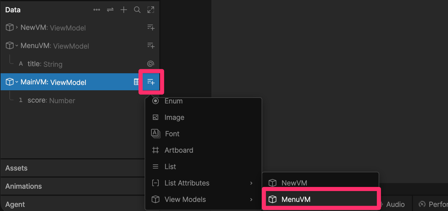 Create a new view model property by clicking + on the main view model, selecting View Models, then MainVM