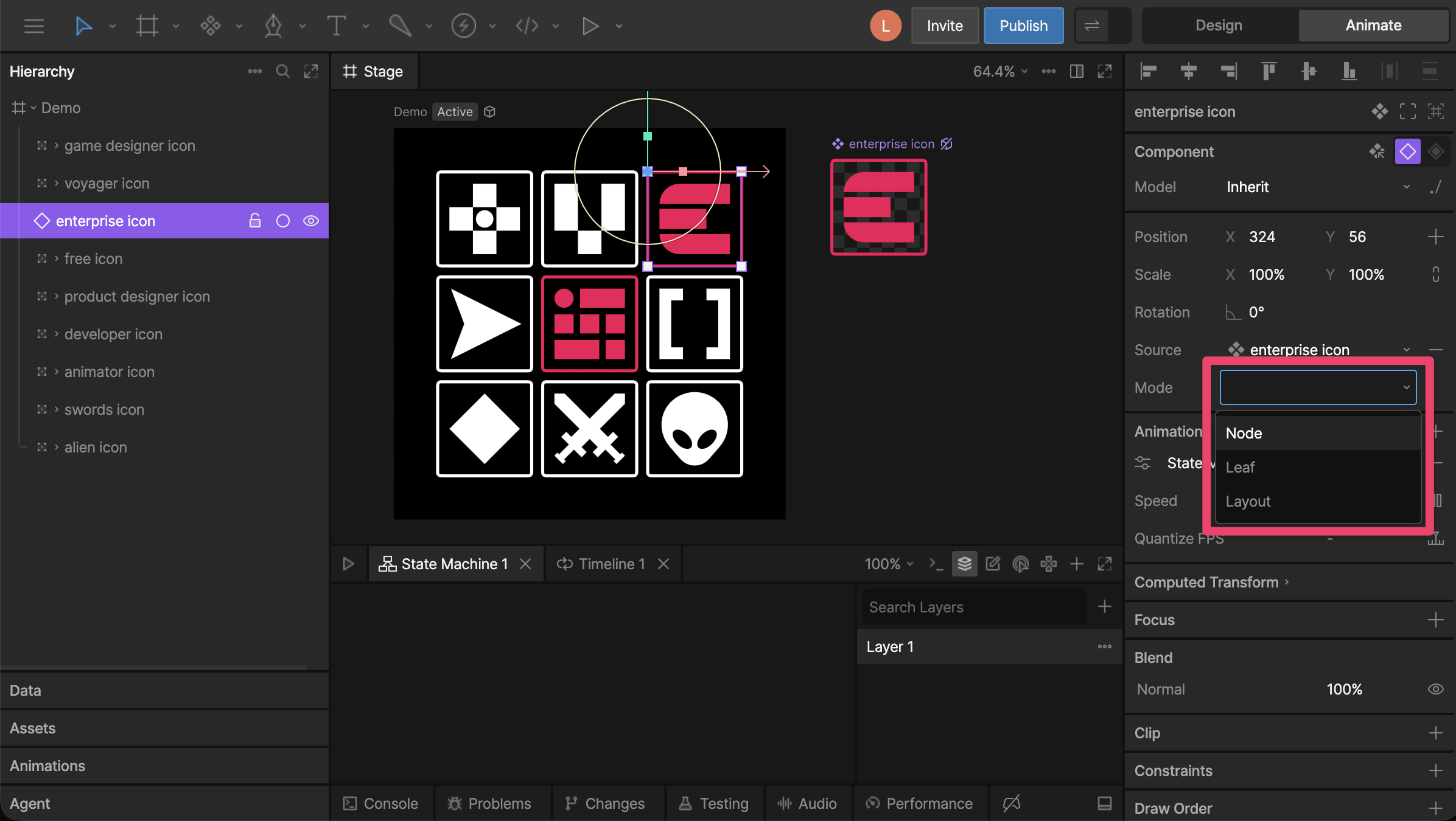 Rive app interface showing Sizing Mode dropdown in the Inspector.