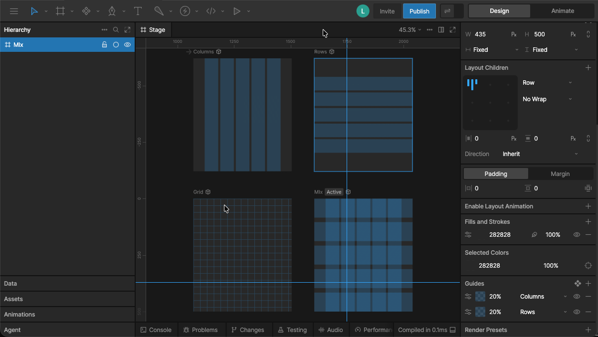 Rive interface showing grids, guides, and ruler guides