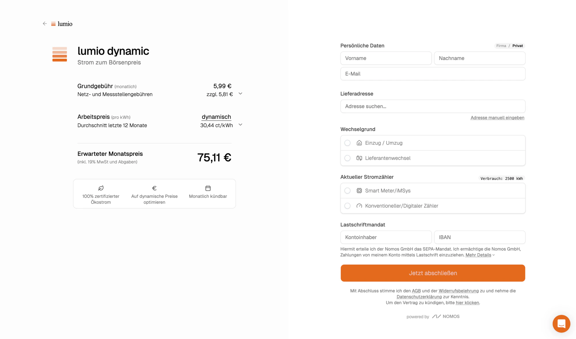 Hosted checkout page with plan summary on the left and signup form on the right