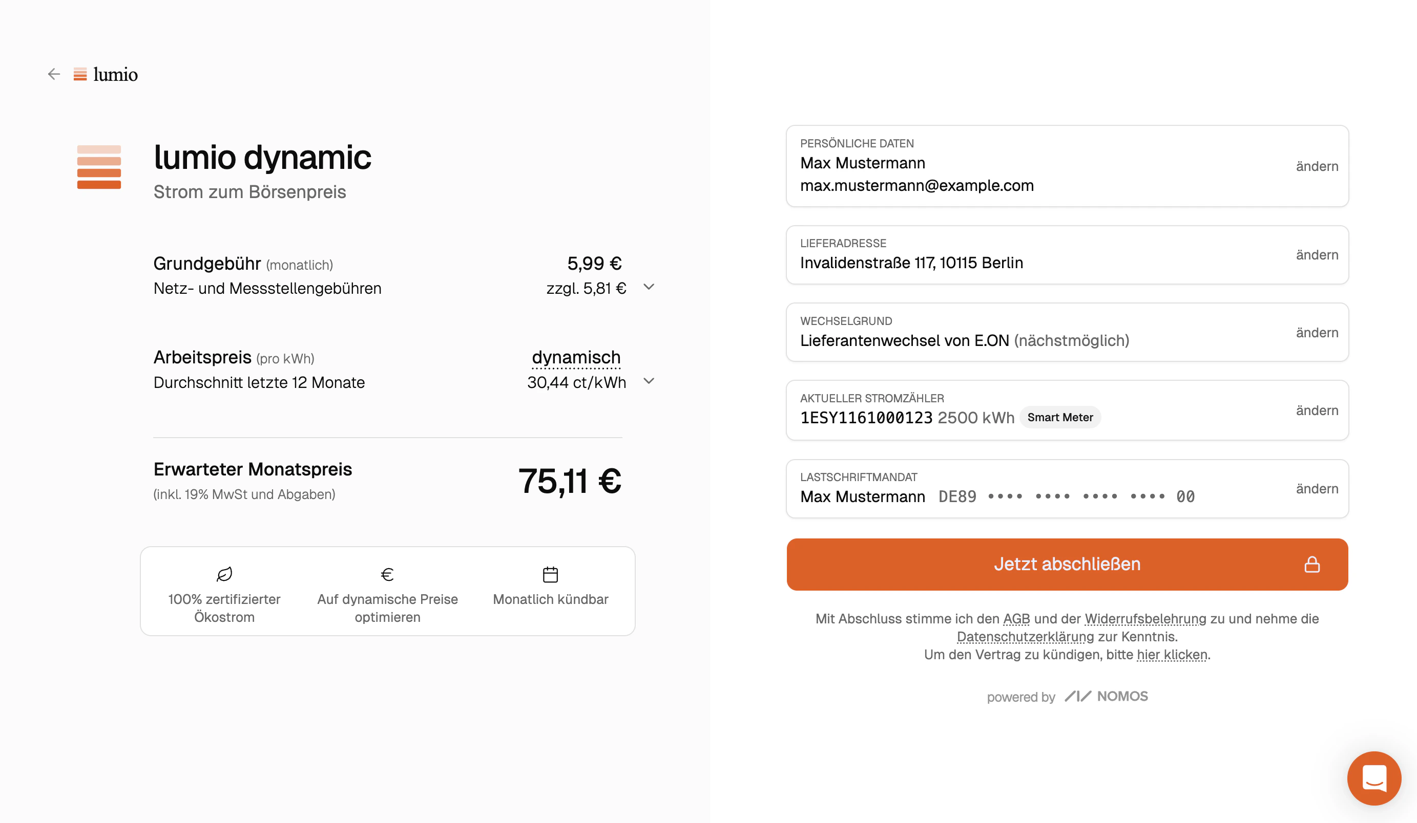 Hosted checkout opened from a lead link, with name, address, previous supplier, meter, and IBAN already filled in