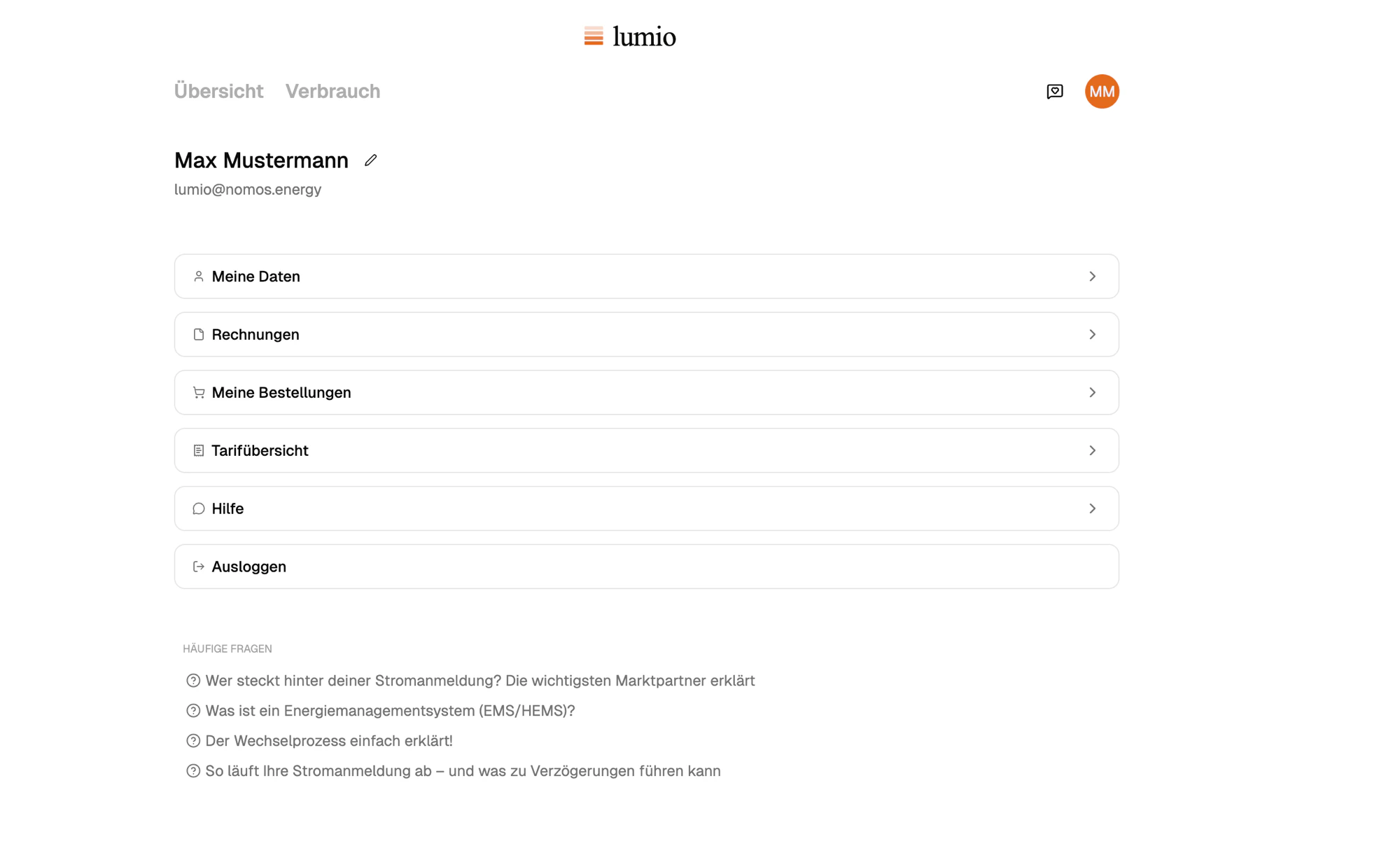 Customer's account hub in the hosted portal with quick links to data, invoices, orders, tariff, and help